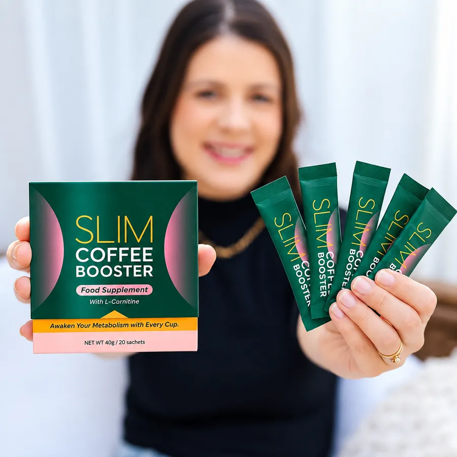 Woman smiling while holding a Slim Coffee Booster box and several sachets